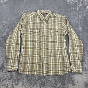 Simms Shirt Men's Size M Tan Plaid Long Sleeve Button Up Roll Tab Sleeve Fishing